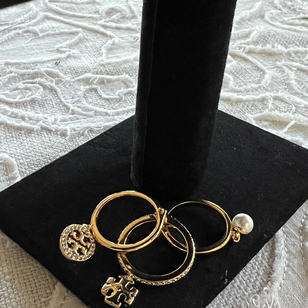 Tory Burch Stackable Gold Charm Ring Set Size 8 - image 2